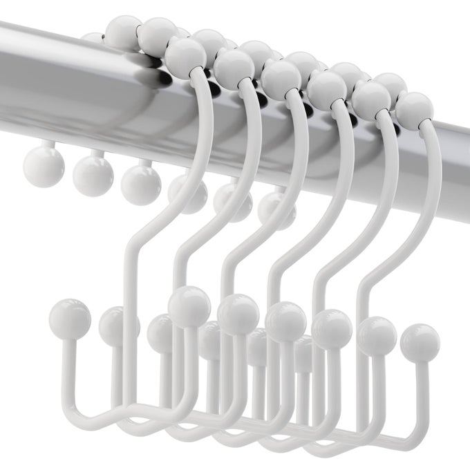 SHOWER CURTAIN HOOKS RINGS RUST RESISTANT METAL DOUBLE GLIDE SHOWER HOOKS FOR BATHROOM SHOWER RODS CURTAINS SET OF 12 HOOKS WHITE