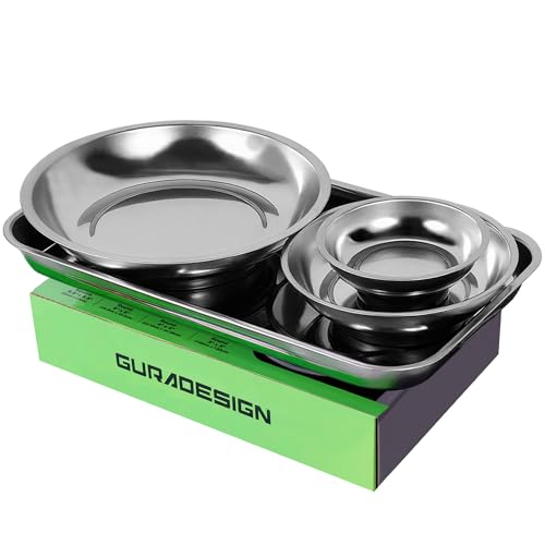 GURADESIGN Magnetic Tray 4-Piece, Large Magnetic Parts Tray and Round Magnetic Parts Tray Set, Stainless Steel Heavy Duty 9.5" W x 5.5''L Square and 6" 4" 3"Round Tools Tray - Image 1