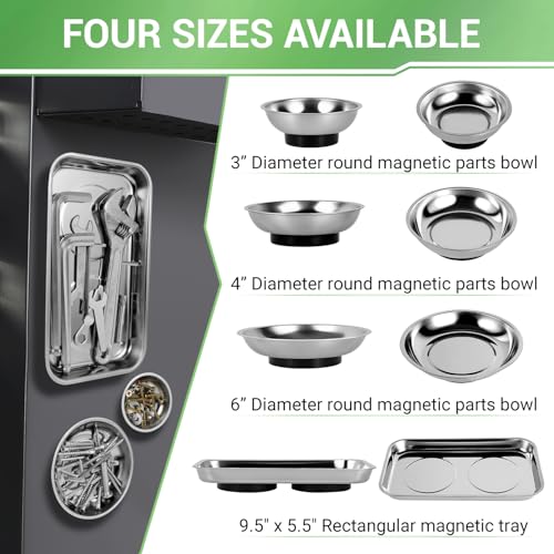 GURADESIGN Magnetic Tray 4-Piece, Large Magnetic Parts Tray and Round Magnetic Parts Tray Set, Stainless Steel Heavy Duty 9.5" W x 5.5''L Square and 6" 4" 3"Round Tools Tray - Image 3