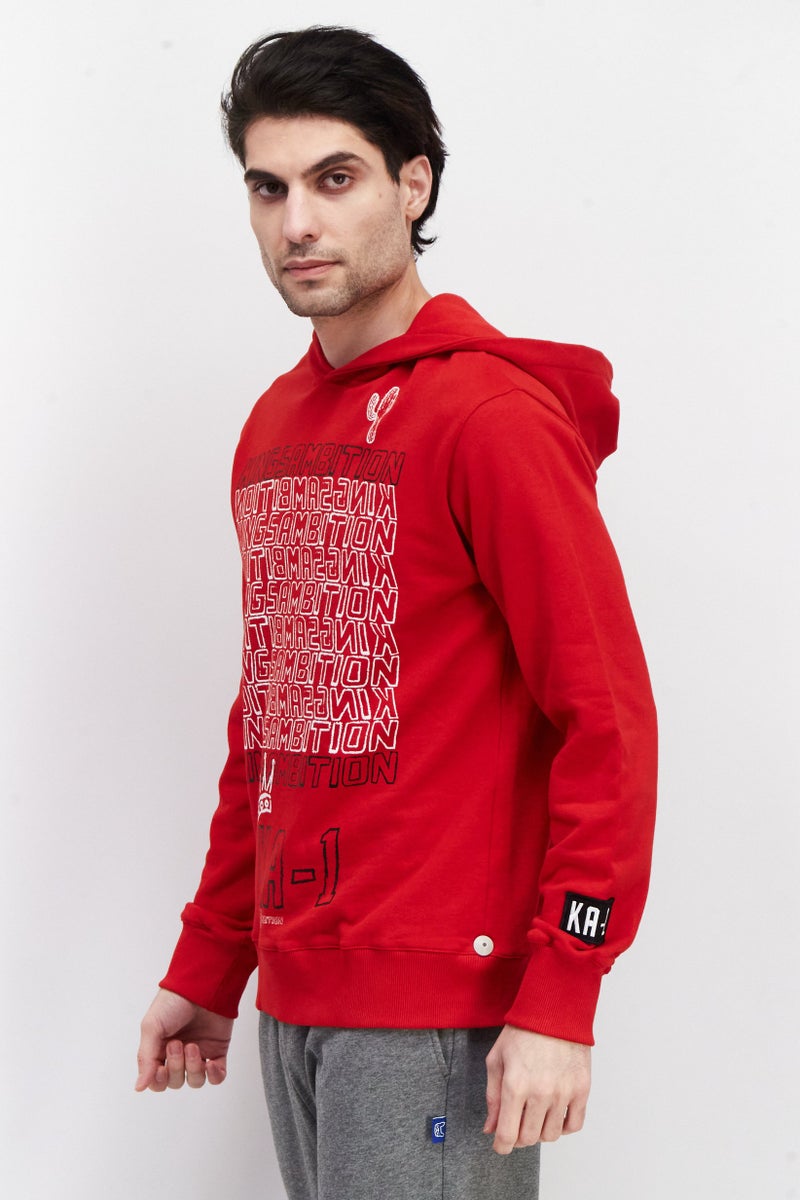 KA-1 Men Hooded Long Sleeve Graphic Print Sweatshirt, Red - Image 3