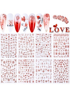 Jacknb 3D Valentines Nail Stickers Red Valentine's Day Nail Art Stickers Self-Adhesive Valentine Nails Sticker Decal Sexy Lips Love Kiss Heart Rose Nail Designs DIY Manicure Nail Decorations (8 Sheets) 