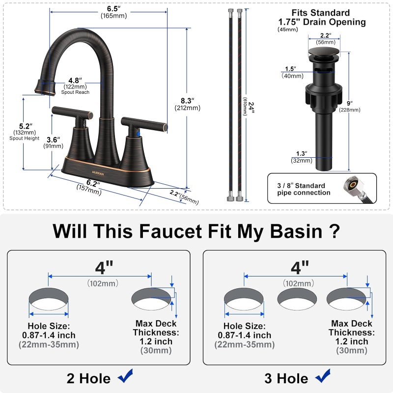 Hurran Bathroom Faucets for Sink 3 Hole, Hurran 4 inch Oil Rubbed Bronze Bathroom Sink Faucet with Pop-up Drain and Supply Hoses, Stainless Steel Lead-Free Centerset Faucets for Vanity RV, 2 Pack - Image 5