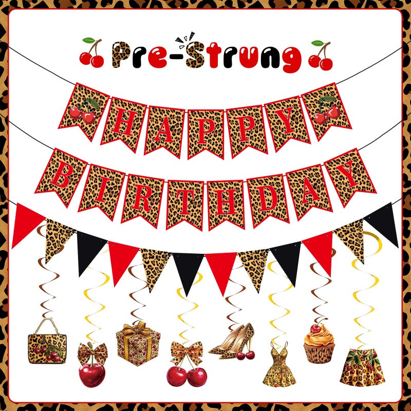 PatiCool Pre-Strung Cheetah Print Birthday Decorations - Cheetah Birthday Decorations,Red Black Cherry Leopard Banner,Balloon,Tablecloth,Hanging Swirls Streamers and Cake Toppers for Theme Party Girls Women - Image 3