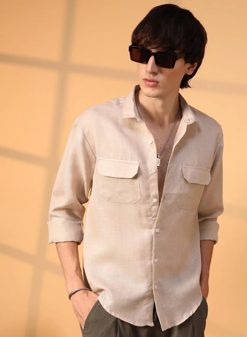 كامبوس سوترا قميص رجالي بلون كاكي بيج سادة