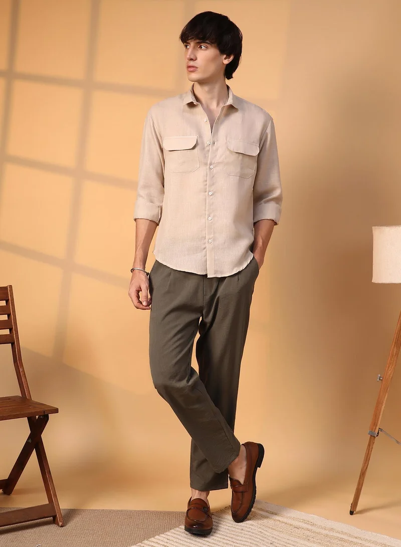Campus Sutra  Men's Khaki Beige Solid Utility Shirt for Men | Best Price UAE
