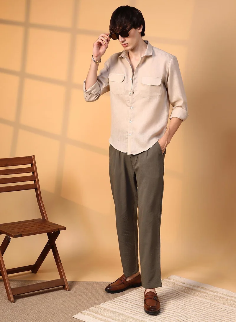 Campus Sutra  Men's Khaki Beige Solid Utility Shirt for Men | Best Price UAE