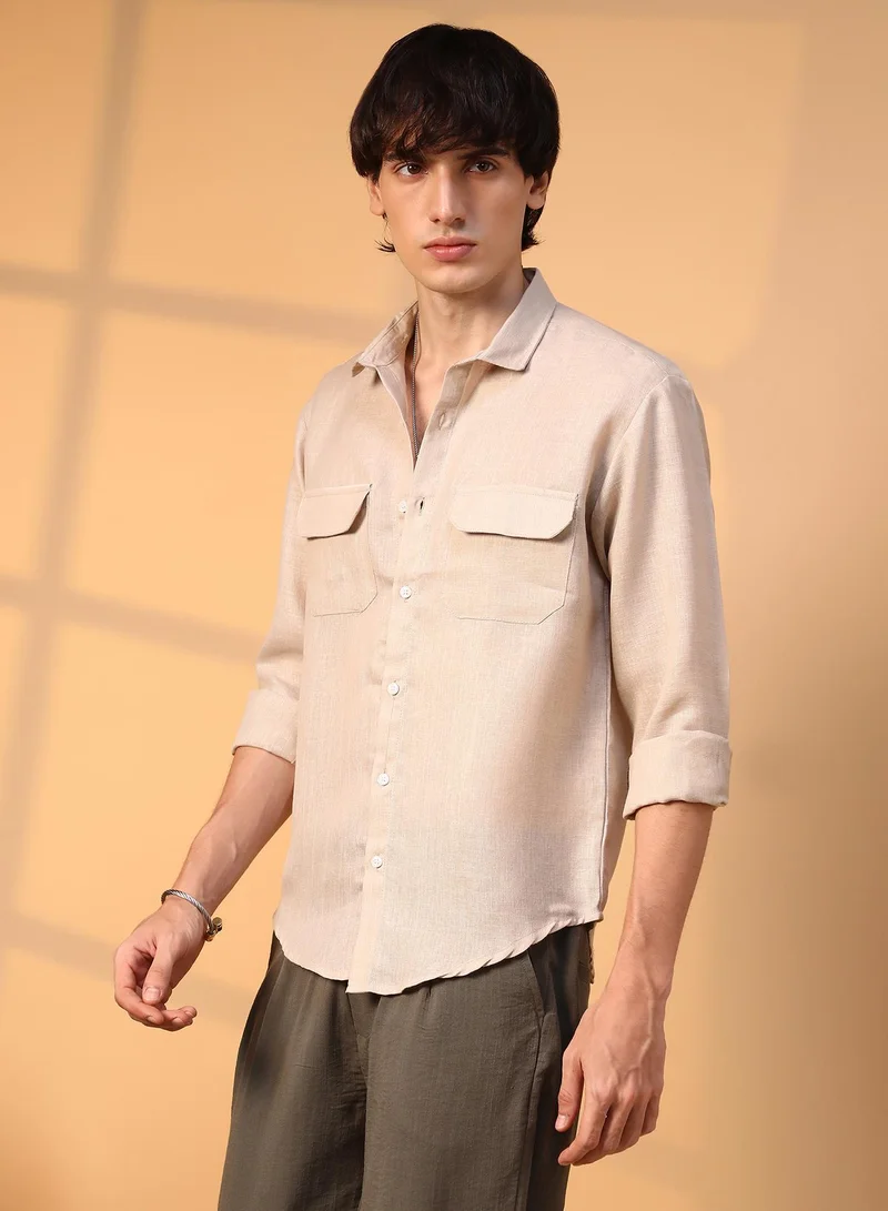 Campus Sutra  Men's Khaki Beige Solid Utility Shirt for Men | Best Price UAE