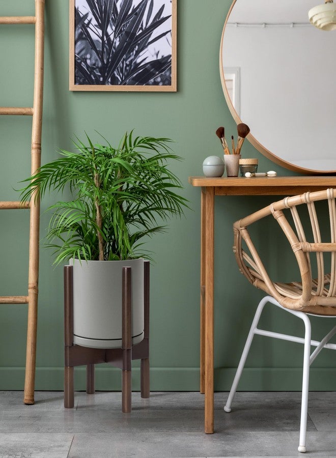 D'vine Dev Ceramic Planter with Mahogany Stand - 8 Inch Modern Round Flower Pot with Wood Planter Holder, Grey, 55-B-Y-3 - Image 2