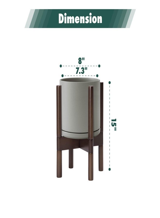 D'vine Dev Ceramic Planter with Mahogany Stand - 8 Inch Modern Round Flower Pot with Wood Planter Holder, Grey, 55-B-Y-3 - Image 3
