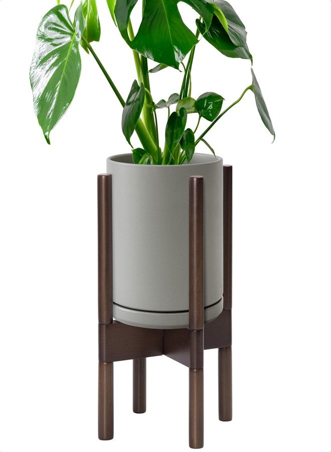 D'vine Dev Ceramic Planter with Mahogany Stand - 8 Inch Modern Round Flower Pot with Wood Planter Holder, Grey, 55-B-Y-3 - Image 1
