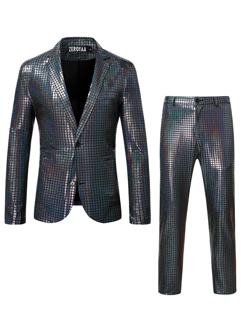 Zeroyaa Men'S 70S Disco Suits Metallic Shiny Sequin Outfits Blazer And Pants Set Dance Party Costume Black Small - Image 1