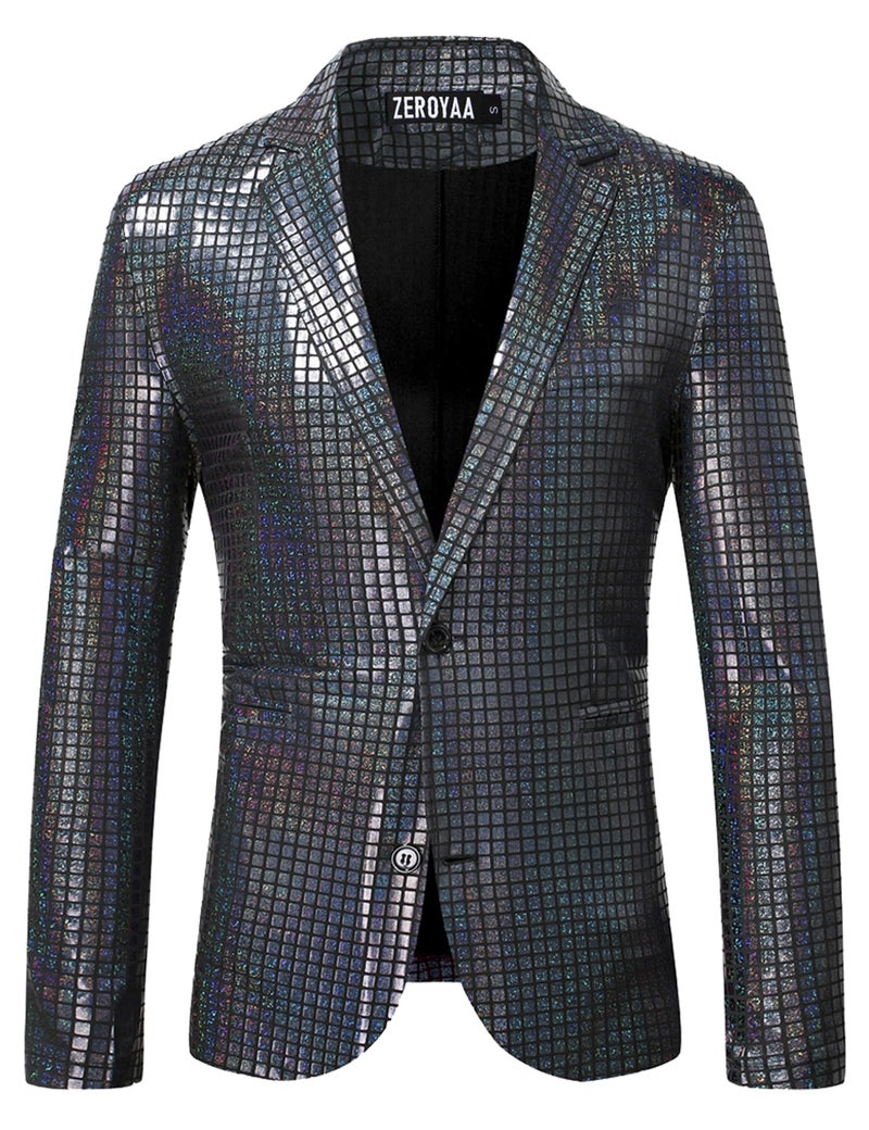 Zeroyaa Men'S 70S Disco Suits Metallic Shiny Sequin Outfits Blazer And Pants Set Dance Party Costume Black Small - Image 2