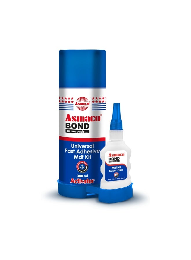 Asmaco Bond MDF Universal Fast Adhesive Kit 200ml + 50g – Cyanoacrylate Super Glue with Activator Spray for MDF, Wood, Plastic, Rubber & Metal - Image 1