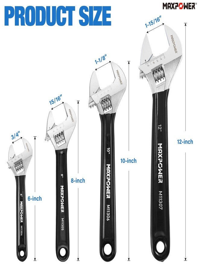 MAXPOWER Adjustable Wrench Set, 4-Piece Adjustable Wrenches 6-inch, 8-inch, 10-inch and 12-inch, Metric & SAE Scales, Extra-Wide Jaw and Soft Girp Wrench Set - Image 2