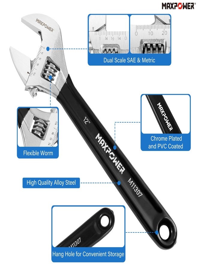 MAXPOWER Adjustable Wrench Set, 4-Piece Adjustable Wrenches 6-inch, 8-inch, 10-inch and 12-inch, Metric & SAE Scales, Extra-Wide Jaw and Soft Girp Wrench Set - Image 3