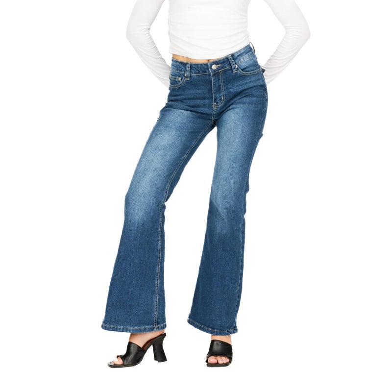Forever 21 Women's Flare Denim Jeans - Star Embroidered Back Pockets, High-Rise Slim Fit Stretch Jeans with Retro Y2K Style, Dark wash, 0 - Image 1