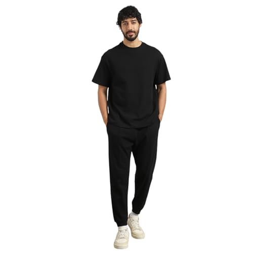NOBERO Men Cotton Blend Solid Moses Black Oversized T-Shirt & Joggers Co Ord Set(1M-Lwcs-R0079-Bl5_Black_Xl) - Image 1