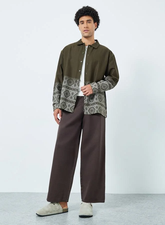 Styli Men Olive Oversized Geo Print Cotton Shirt