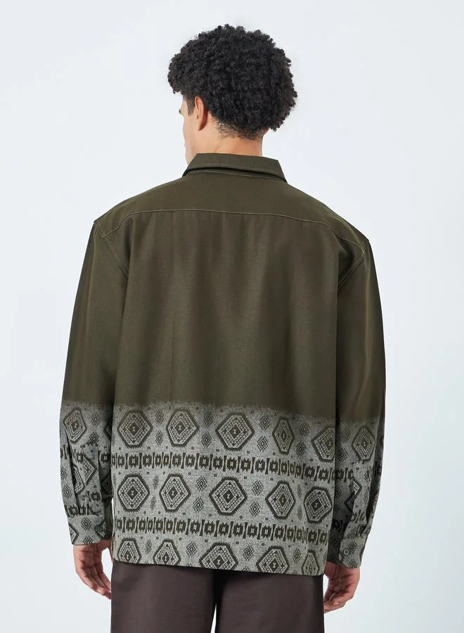 Styli  Men Olive Oversized Geo Print Cotton Shirt for Men | Best Price UAE