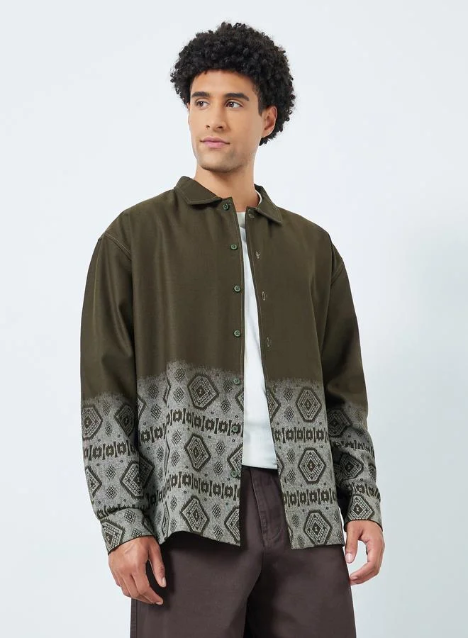 Styli  Men Olive Oversized Geo Print Cotton Shirt for Men | Best Price UAE