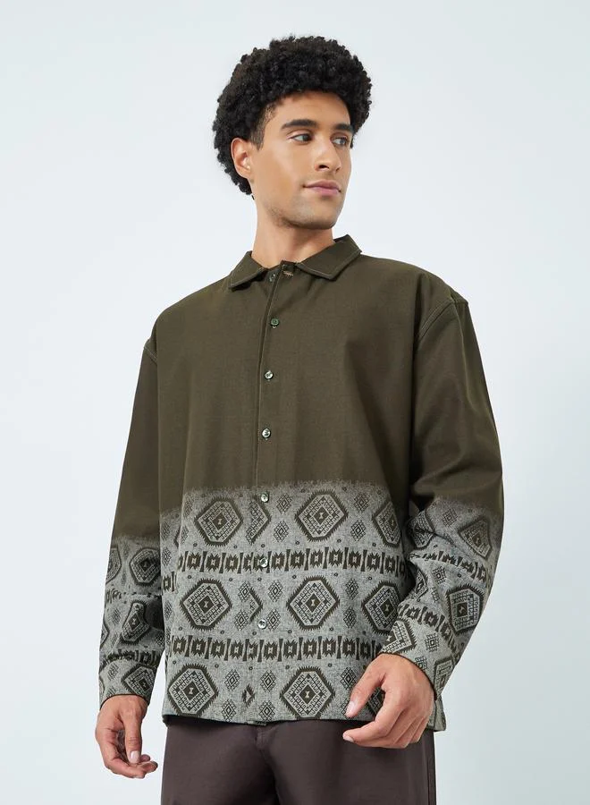 Styli Men Olive Oversized Geo Print Cotton Shirt