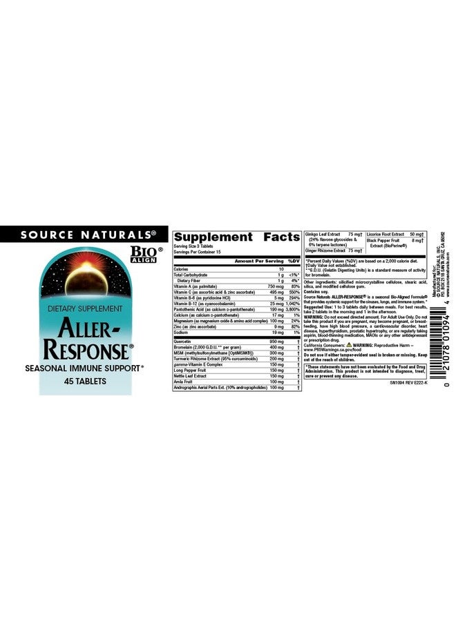 Source Naturals Aller-Response, Seasonal Immune Support* - 45 Tablets - Image 4
