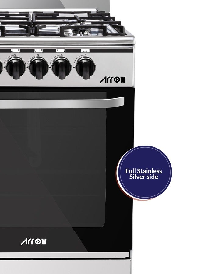 Arrow 55 x 55 cm Freestanding Gas Cooker with Oven & Grill, 4- Burners, Full Safety, Cooling Fan, Cast Iron Pan Support, Stainless Steel Finish, Reel Close Door, - Image 3