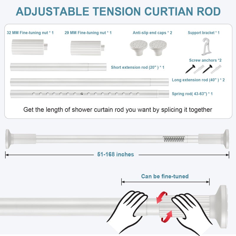 ZOCONE Tension Curtain Rod 51-168In(4-14Ft),No Drill Curtain Rods for Window Outdoor Patio,Adjustable Shower Curtain Rod for Bathroom Renter Friendly,Heavy Duty Extra Long Tension Rod Never Rust,White - Image 4