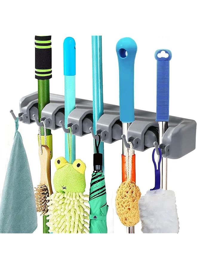 erorex Broom Holder Wall Mounted - Mop and Broom Hanger Holder - Garage Storage Rack & Garden Tool Organizer - 5 Position 6 Hooks for Home, kitchen, Garden, Tools, Garage - Image 1