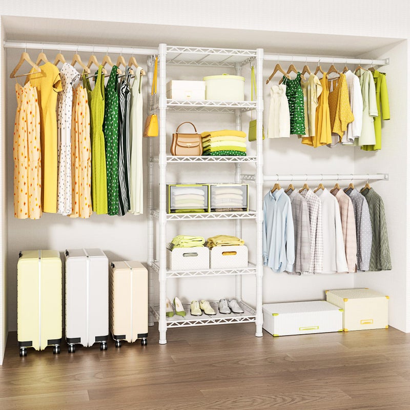 Ulif M5 Wall Mounted Clothes Garment Rack, Heavy Duty Closet Storage and Organizer with 6 Shelves and 3 Expandable Hanger Rods, Space Saver Suit (46.2-102.4)" W x 14" D x 83.1" H, White - Image 1