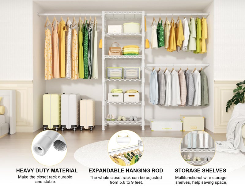 Ulif M5 Wall Mounted Clothes Garment Rack, Heavy Duty Closet Storage and Organizer with 6 Shelves and 3 Expandable Hanger Rods, Space Saver Suit (46.2-102.4)" W x 14" D x 83.1" H, White - Image 4