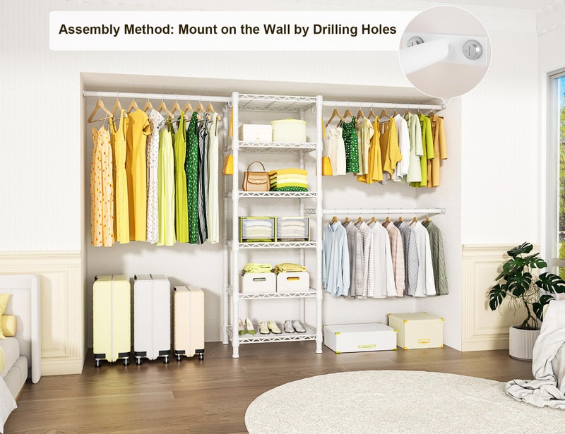 Ulif M5 Wall Mounted Clothes Garment Rack, Heavy Duty Closet Storage and Organizer with 6 Shelves and 3 Expandable Hanger Rods, Space Saver Suit (46.2-102.4)" W x 14" D x 83.1" H, White - Image 2