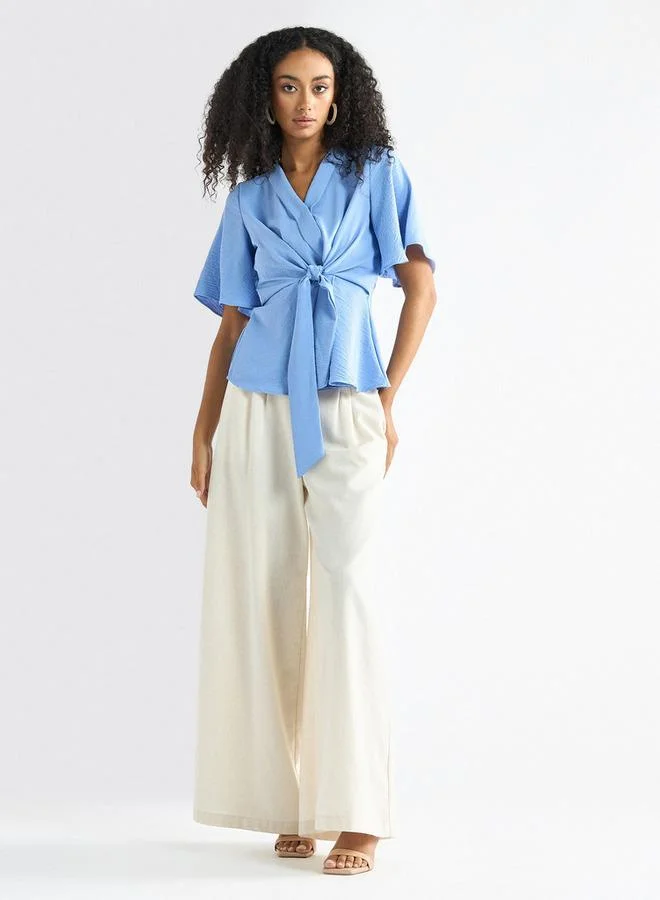 Splash FAV Solid V-neck Top with Flutter Sleeves and Knot Detail