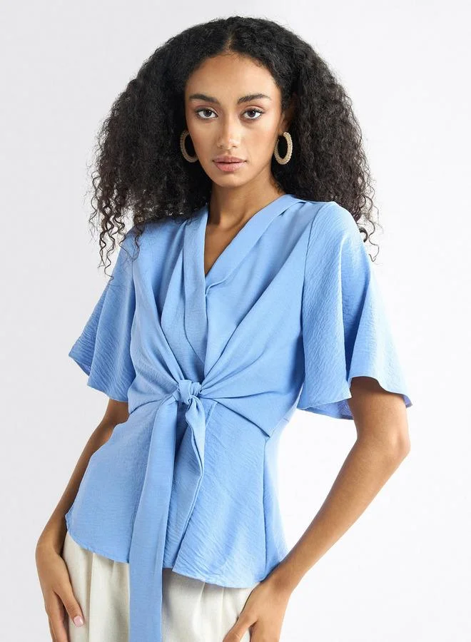 Splash FAV Solid V-neck Top with Flutter Sleeves and Knot Detail