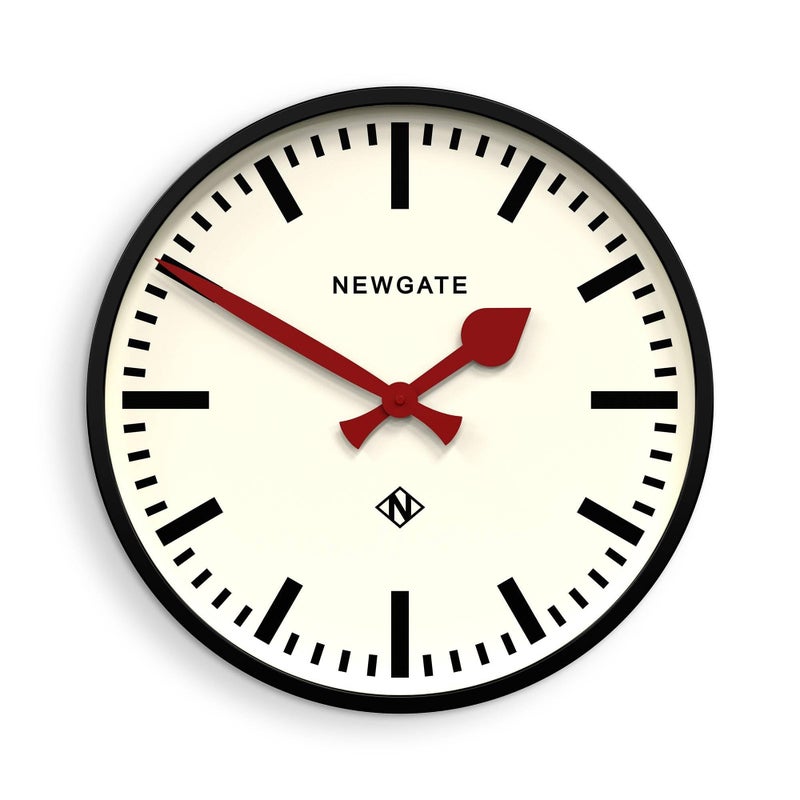 NEWGATE Putney wall clock  Large retro inspired modern station clock  45cm  Deep gloss black metal case with red hands  Industrial mid century style for kitchen living room or office