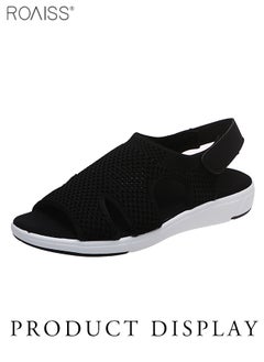roaiss Women's Mesh Knitted Hollow Open Toe Sandals Velcro Adjustable Open Heel Flat Slippers Breathable High Elastic Anti Slip Beach Sandals  - Image 5