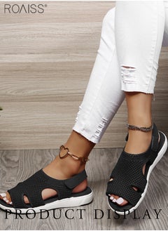 roaiss Women's Mesh Knitted Hollow Open Toe Sandals Velcro Adjustable Open Heel Flat Slippers Breathable High Elastic Anti Slip Beach Sandals  - Image 4
