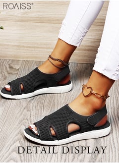 roaiss Women's Mesh Knitted Hollow Open Toe Sandals Velcro Adjustable Open Heel Flat Slippers Breathable High Elastic Anti Slip Beach Sandals  - Image 2