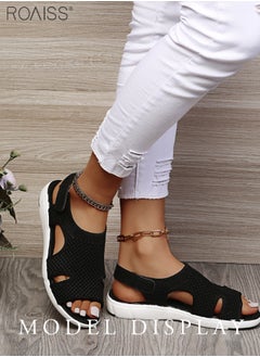 roaiss Women's Mesh Knitted Hollow Open Toe Sandals Velcro Adjustable Open Heel Flat Slippers Breathable High Elastic Anti Slip Beach Sandals  - Image 3