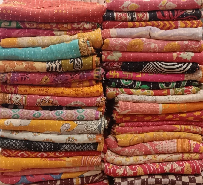 INDIAN VINTAGE REVERSIBLE HANDMADE BLANKET KANTHA THROW HIPPIE BOHEMIAN COTTON SAREE MADE ASSORTED KANTHA BEDSPREAD RALLY QUILT 5