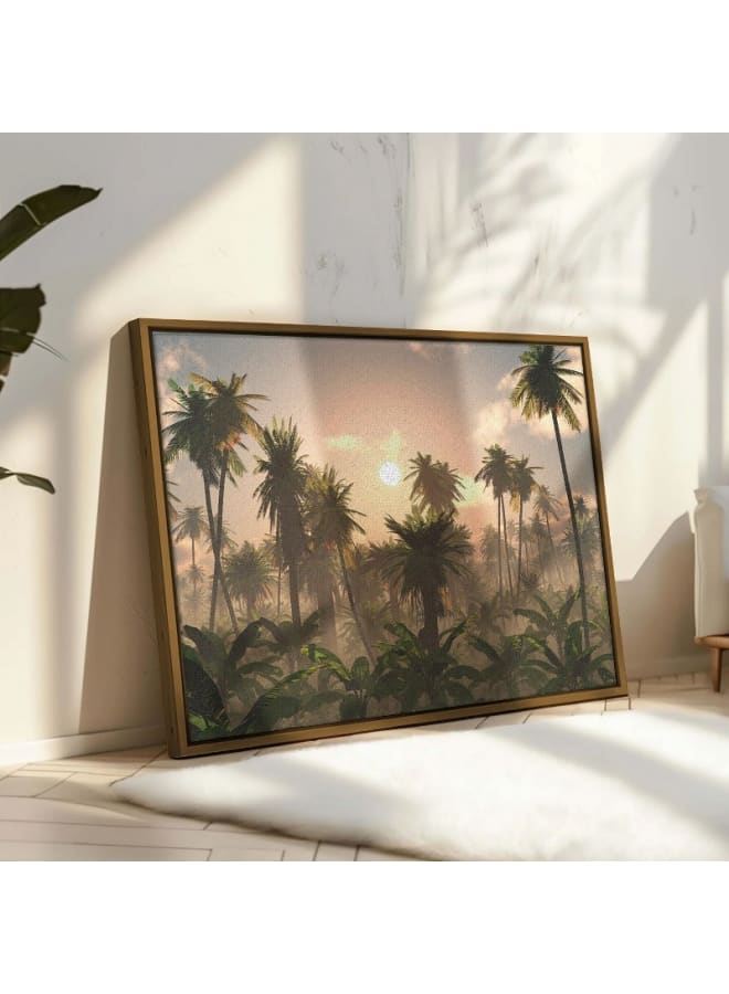 هوم جاليري لوحة فنية جدارية مطبوعة على قماش لأشجار نخيل مورقة على قاعدة سوداء، مقاس 120×80 - Image 1