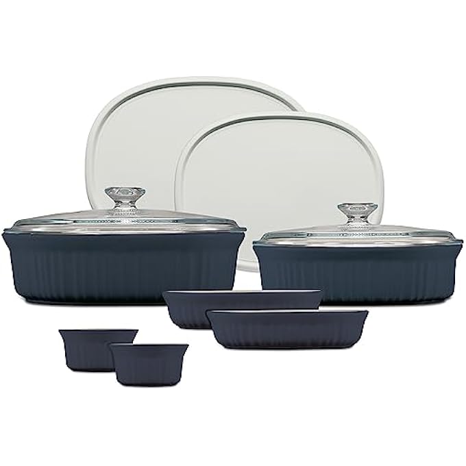 Corningware Stoneware 10PC Bakeware Sets With Glass  Plastic Lids Includes 25 QT 15 QT 15 OZ 4 OZ Ceramic Baking Dishes Oven Microwave Freezer Fridge Dishwasher Safe French Navy - Image 1