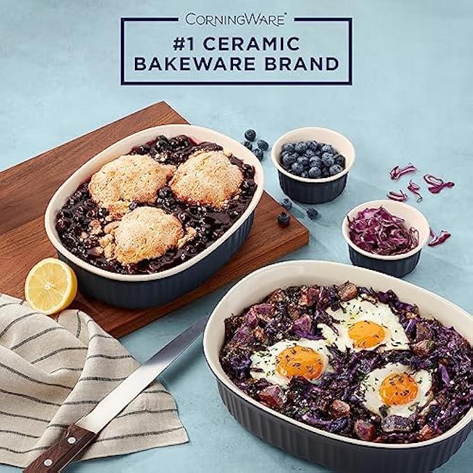 Corningware Stoneware 10PC Bakeware Sets With Glass  Plastic Lids Includes 25 QT 15 QT 15 OZ 4 OZ Ceramic Baking Dishes Oven Microwave Freezer Fridge Dishwasher Safe French Navy - Image 5