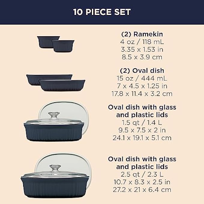 Corningware Stoneware 10PC Bakeware Sets With Glass  Plastic Lids Includes 25 QT 15 QT 15 OZ 4 OZ Ceramic Baking Dishes Oven Microwave Freezer Fridge Dishwasher Safe French Navy - Image 2
