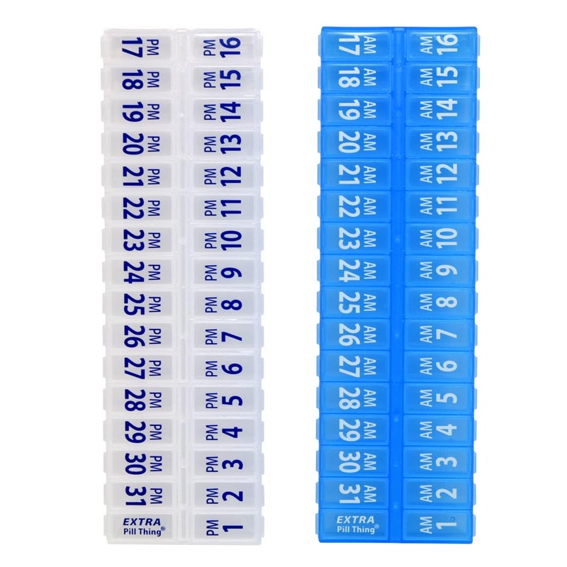 pill thing Twice-a-Day Monthly Pill Box Planner Set - AM & PM Medication Organizer for 31 Days! Set Contains 2 Organizers for One Month. (Clear/Blue - 31 Day AM/PM) - Image 1