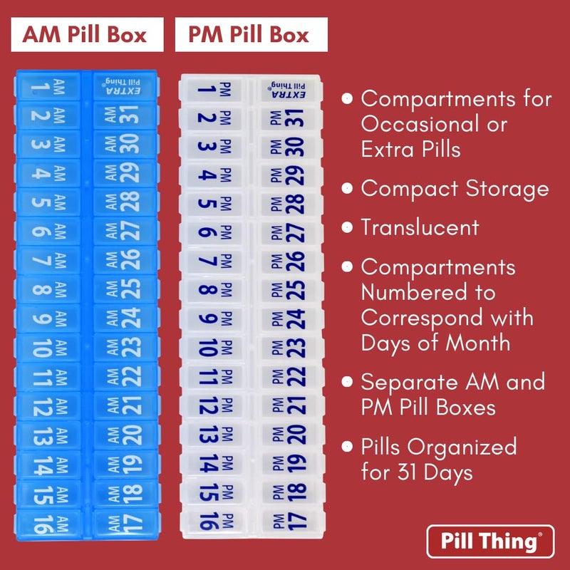 pill thing Twice-a-Day Monthly Pill Box Planner Set - AM & PM Medication Organizer for 31 Days! Set Contains 2 Organizers for One Month. (Clear/Blue - 31 Day AM/PM) - Image 3