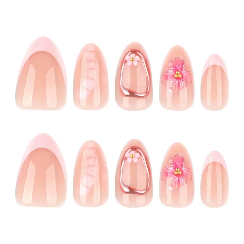 CTTHNBD Short Press on Nails Almond Fake Nails with 3D Flower Design Glue on Nails French Tip Gold Circle Glossy Full Cover Stick on Nails Elegant Acrylic Nails for Women 24 Pcs - Image 5