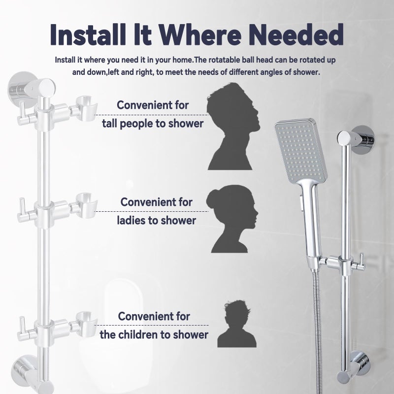 YDmeet Shower Slide Bar Adjustable Handheld Shower Head Holder Wall Mount - 15Inch All-Metal Shower Head Slide Bar Compatible With Bathroom Drill Free Glue Installation - Polished Chrome - Image 2