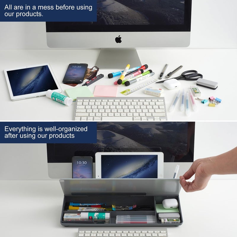 TSJ OFFICE Desktop Whiteboard Dry-Erase-Board - Computer Keyboard Stand White Board Surface Pad with Drawer, Desk Organizers with Accessories for Office, Home, School Supplies - Complete Grey - Image 3