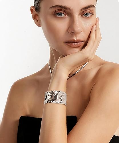 WOWORAMA Silver Hammered Cuff Bracelet for Women Boho Chunky Wide Open Bangles Vintage Silver Statement Bracelet Adjustable Wrist Arm Cuff Bracelets - Image 3